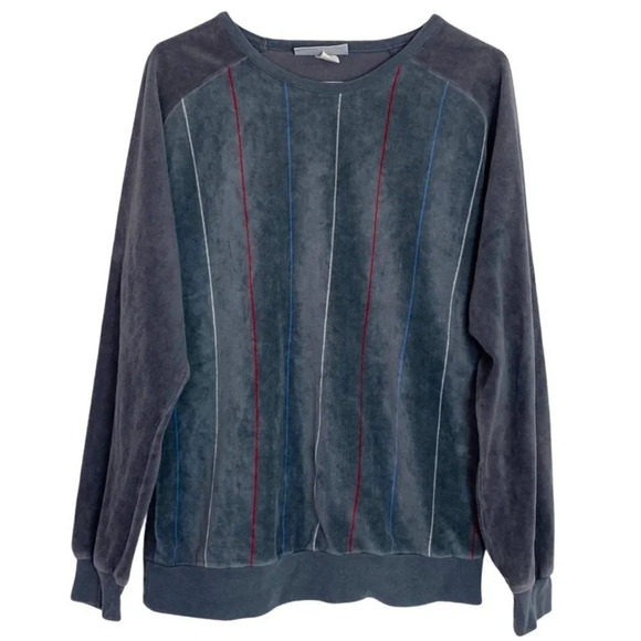 Vintage 80s Velour Pullover Sweatshirt Mens Medium Grandpa Unisex Gray Velvet - Picture 1 of 10